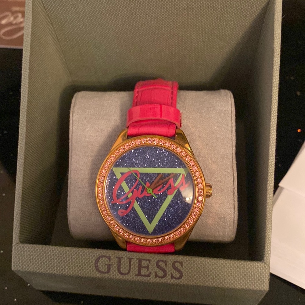 Blue sparkle watch with pink leather strap